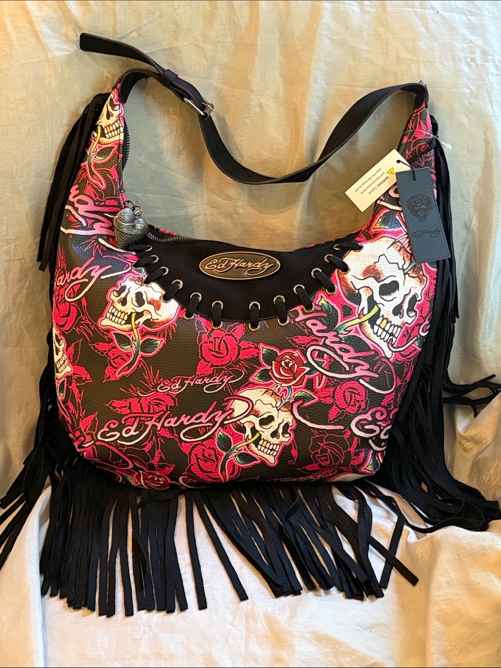 Ed Hardy Black & Pink Skull Fringe Shoulder Bag M ML Eh